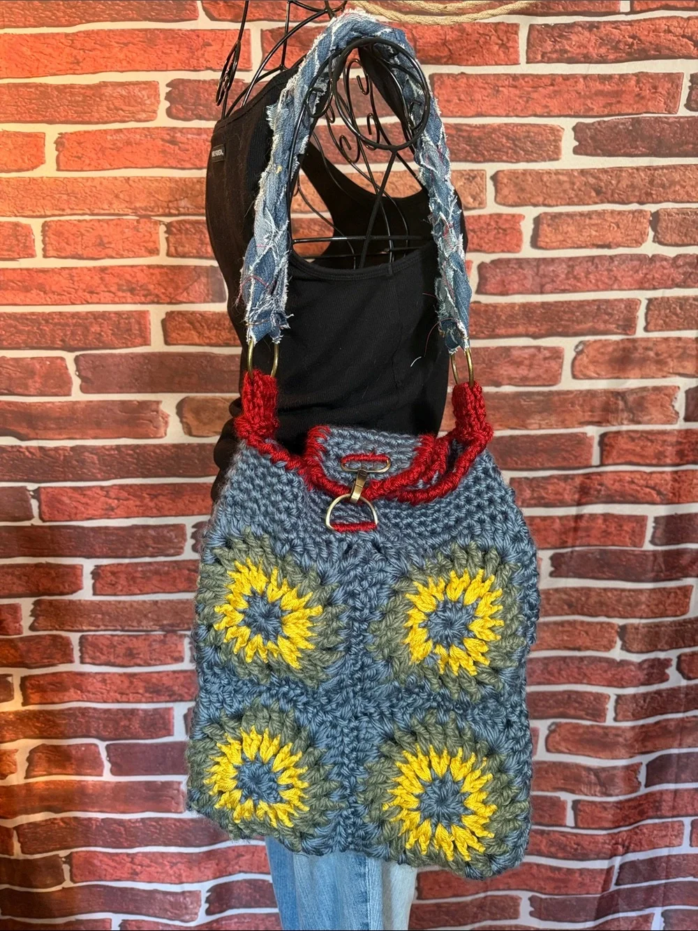 👜 Left Hook Artisan Handmade Crochet Tote Bag — Slate/Red — OS